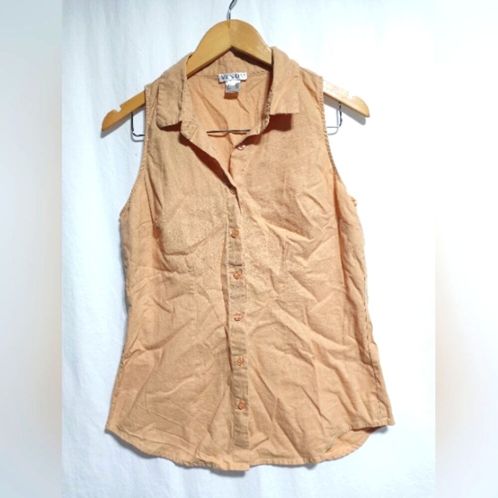 Venus Orange Linen Blend Button Up Collared Tank Top Size Small